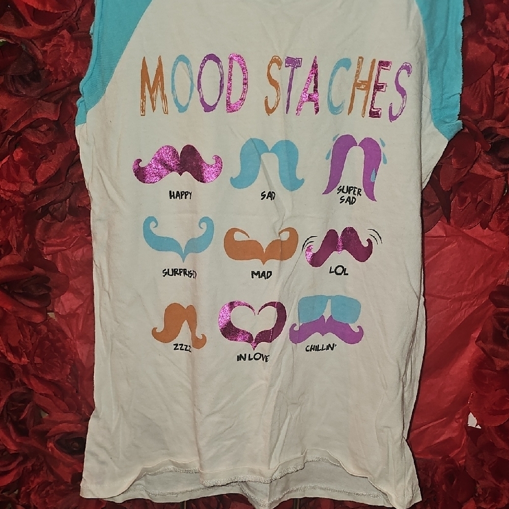 Mudd White and Blue Short Sleeve Tee Mood Staches Size 7/8